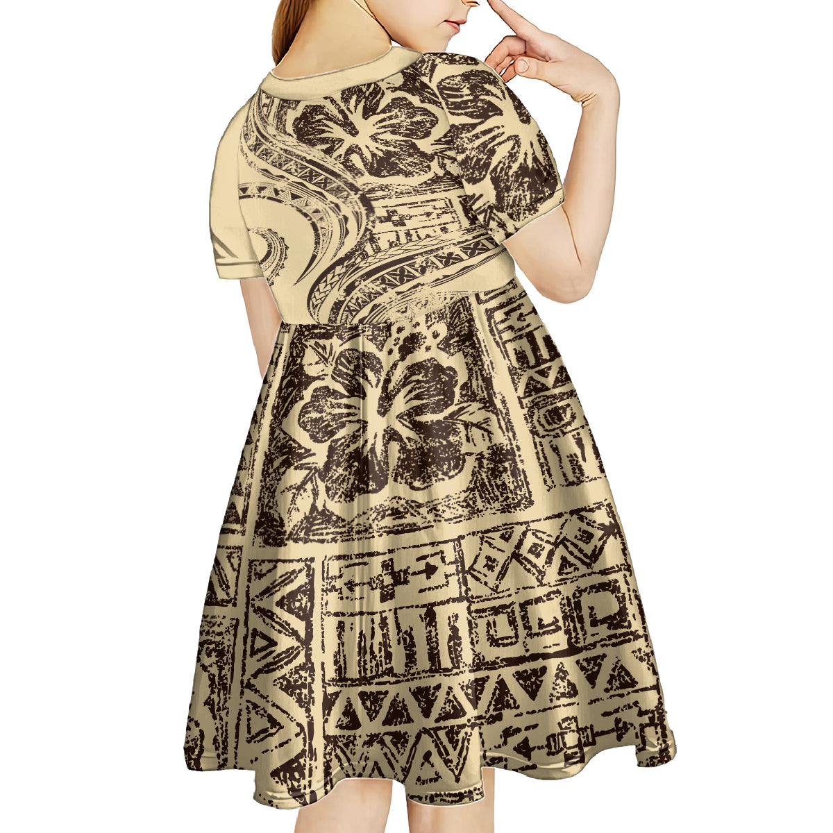 Hawaiian Hibiscus Tribal Vintage Motif Kid Short Sleeve Dress Ver 3 LT9 - Polynesian Pride