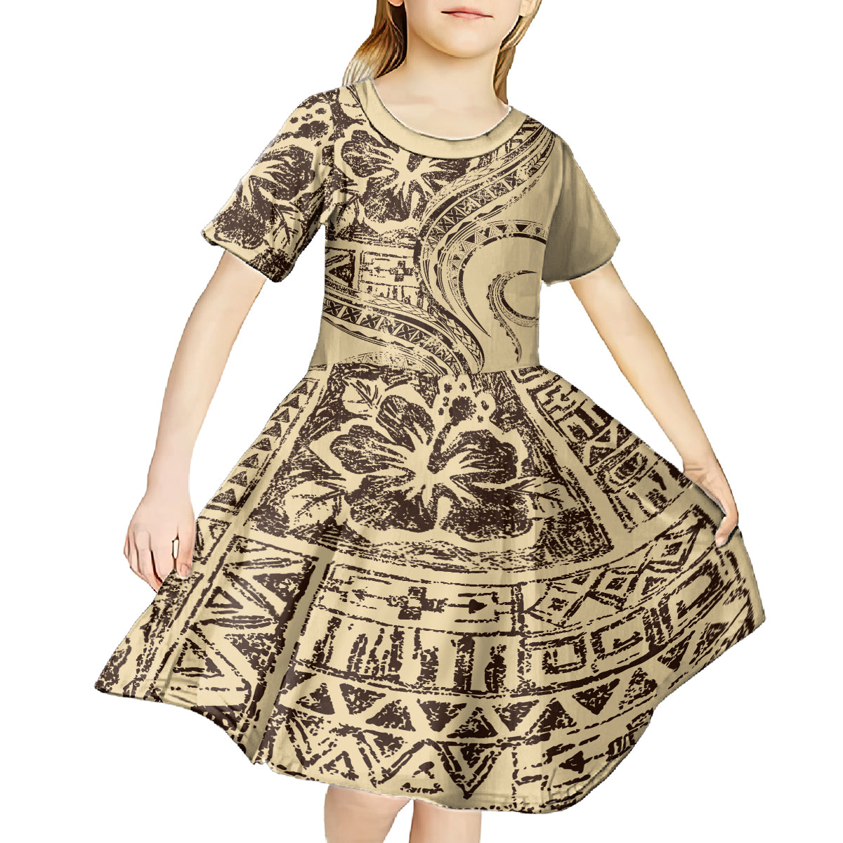 Hawaiian Hibiscus Tribal Vintage Motif Kid Short Sleeve Dress Ver 3 LT9 - Polynesian Pride