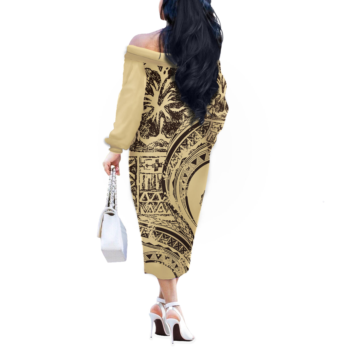 Hawaiian Hibiscus Tribal Vintage Motif Off The Shoulder Long Sleeve Dress Ver 3