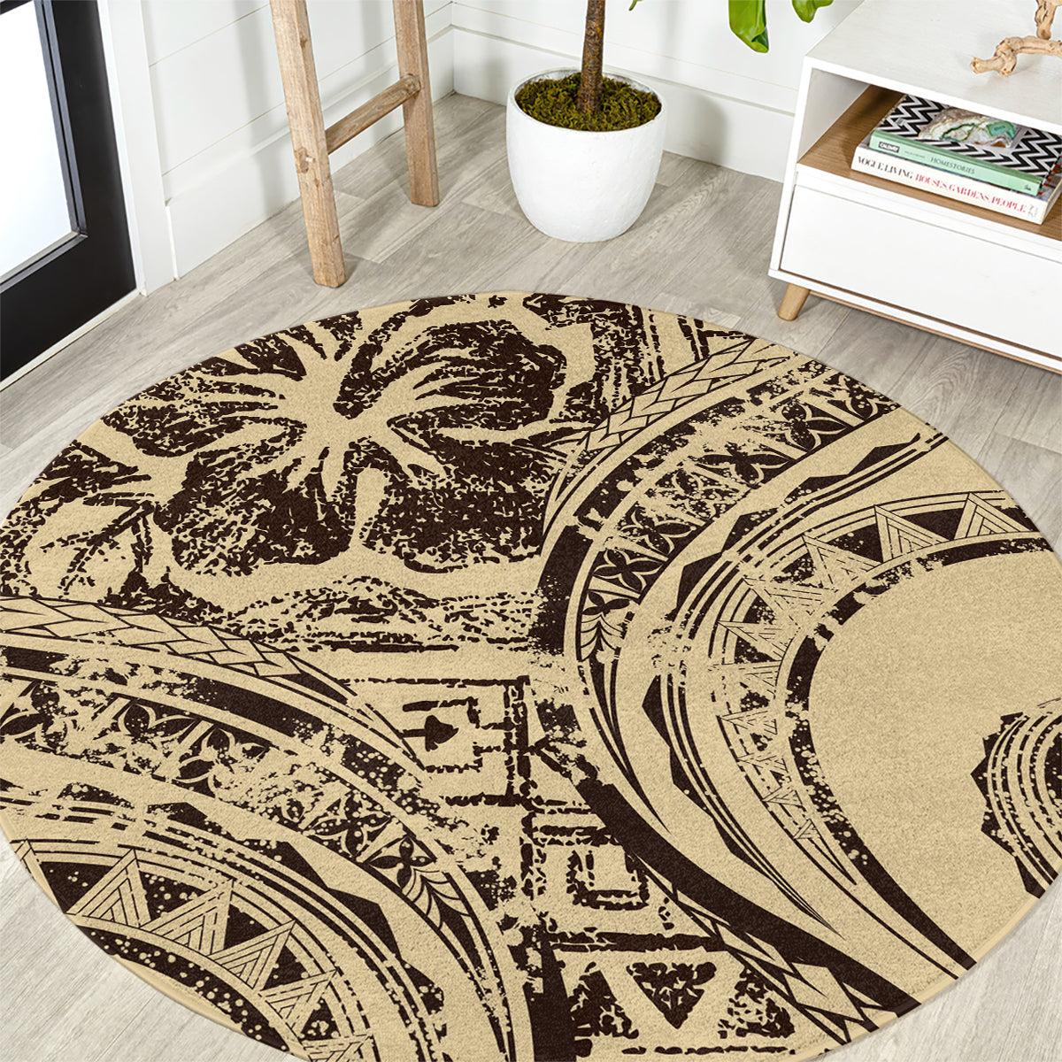 Hawaiian Hibiscus Tribal Vintage Motif Round Carpet Ver 3 LT9 Beige - Polynesian Pride