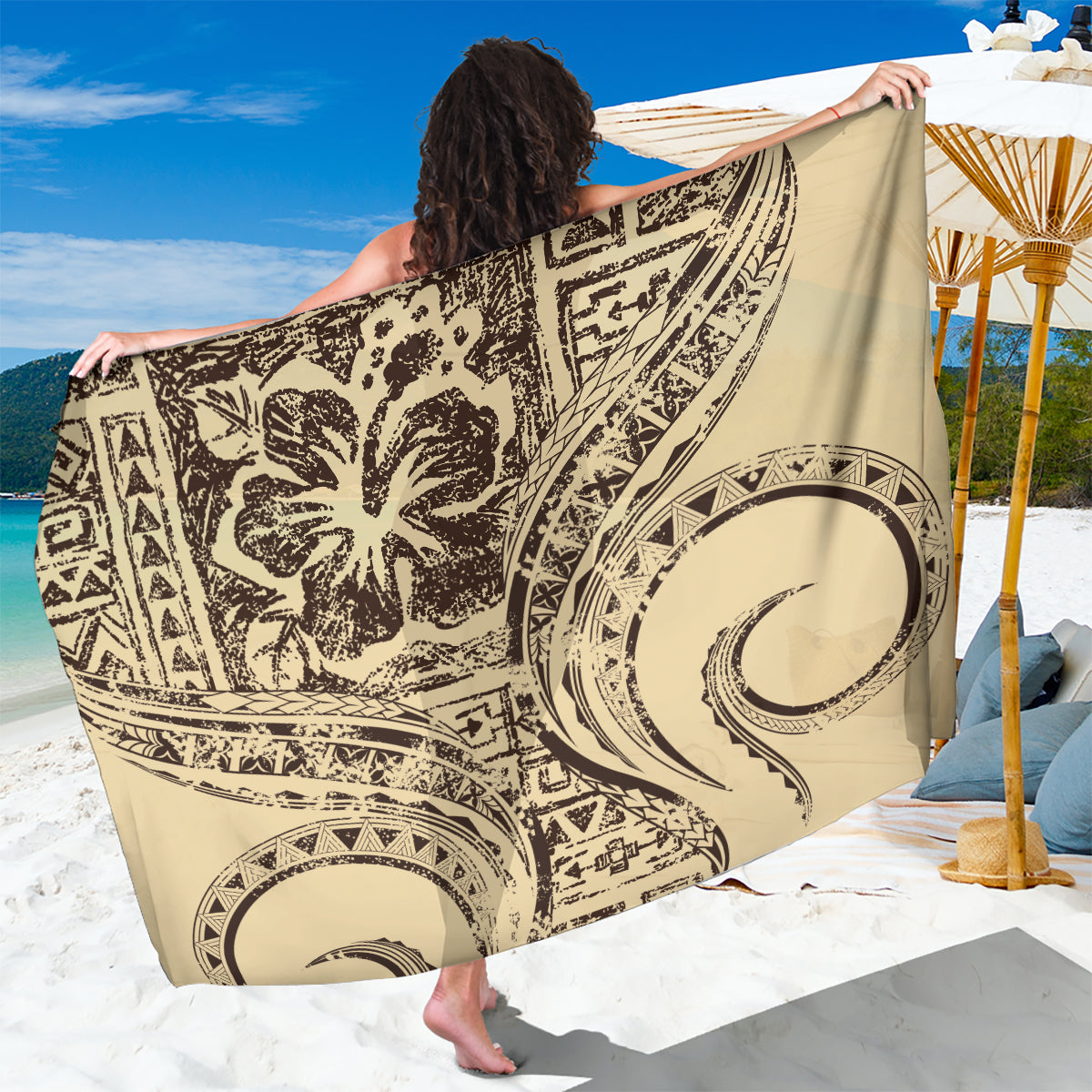 Hawaiian Hibiscus Tribal Vintage Motif Sarong Ver 3 LT9 One Size 44 x 66 inches Beige - Polynesian Pride