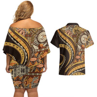 Hawaiian Hibiscus Tribal Vintage Motif Couples Matching Off Shoulder Short Dress and Hawaiian Shirt Ver 4