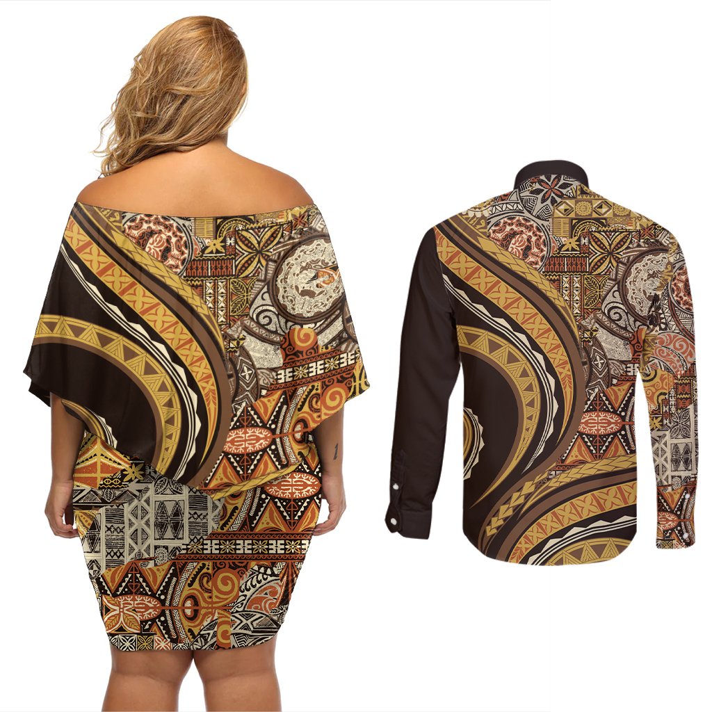 Hawaiian Hibiscus Tribal Vintage Motif Couples Matching Off Shoulder Short Dress and Long Sleeve Button Shirt Ver 4