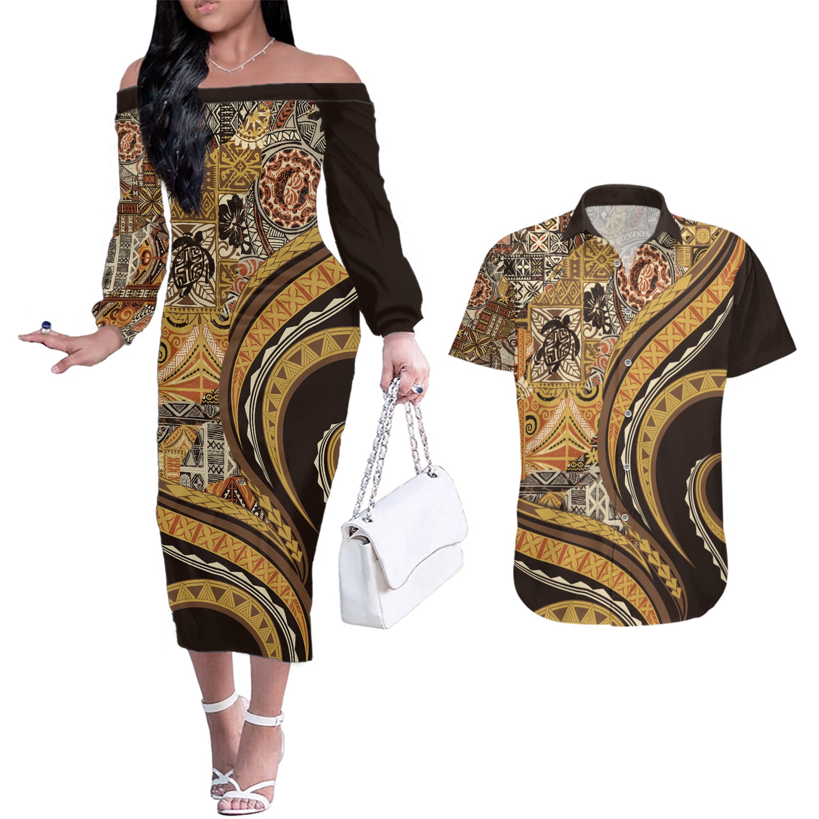 Hawaiian Hibiscus Tribal Vintage Motif Couples Matching Off The Shoulder Long Sleeve Dress and Hawaiian Shirt Ver 4