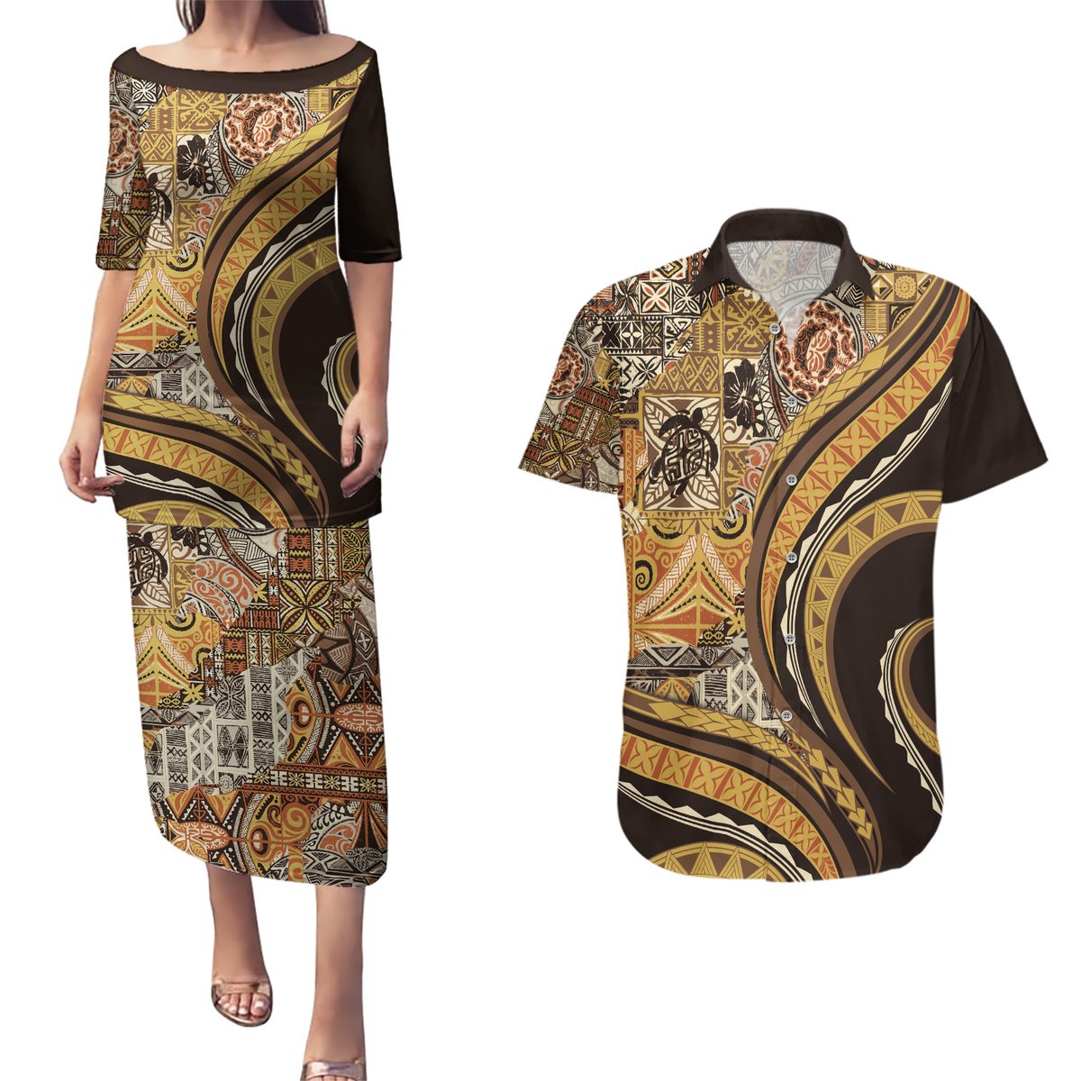 Hawaiian Hibiscus Tribal Vintage Motif Couples Matching Puletasi and Hawaiian Shirt Ver 4