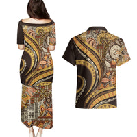 Hawaiian Hibiscus Tribal Vintage Motif Couples Matching Puletasi and Hawaiian Shirt Ver 4