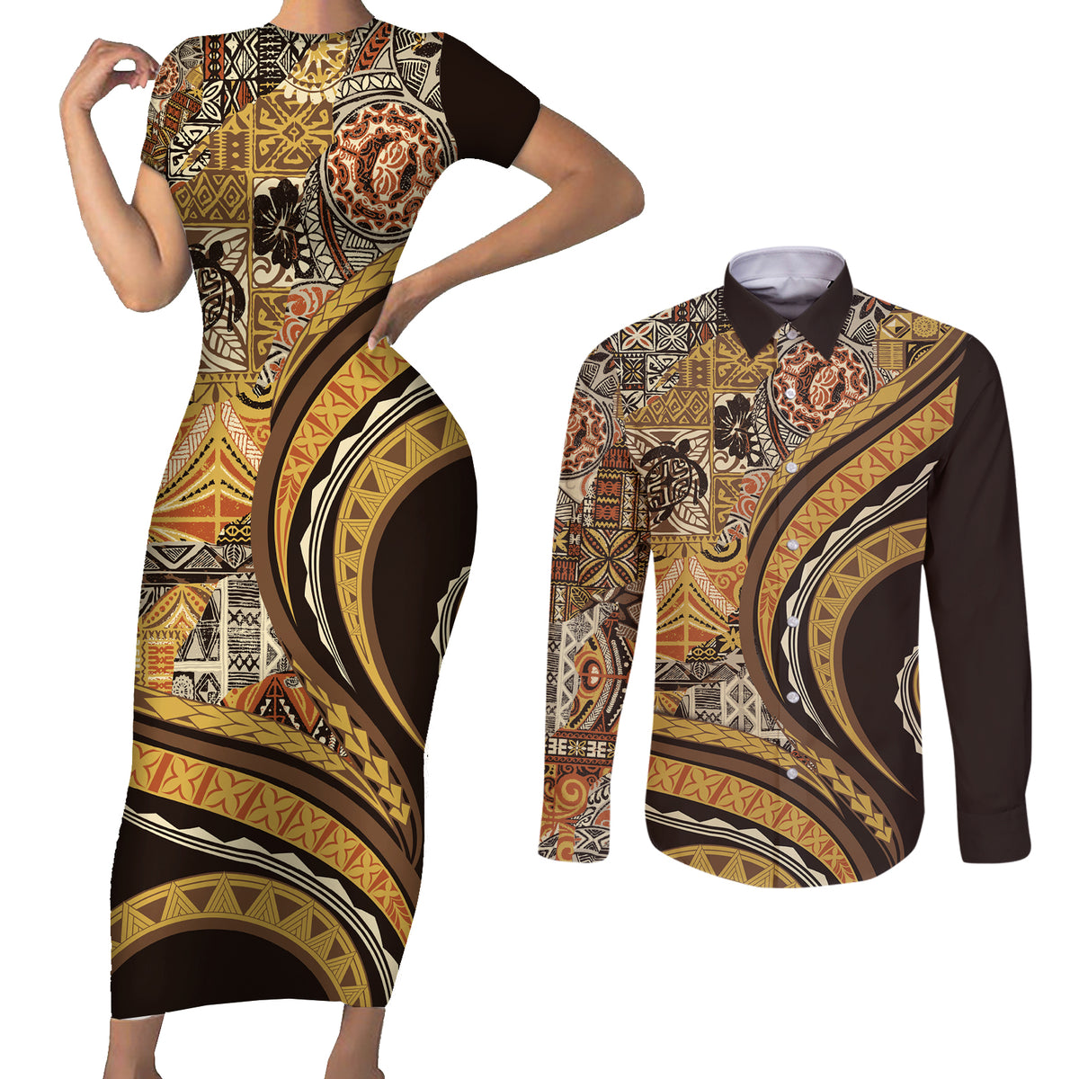 Hawaiian Hibiscus Tribal Vintage Motif Couples Matching Short Sleeve Bodycon Dress and Long Sleeve Button Shirt Ver 4
