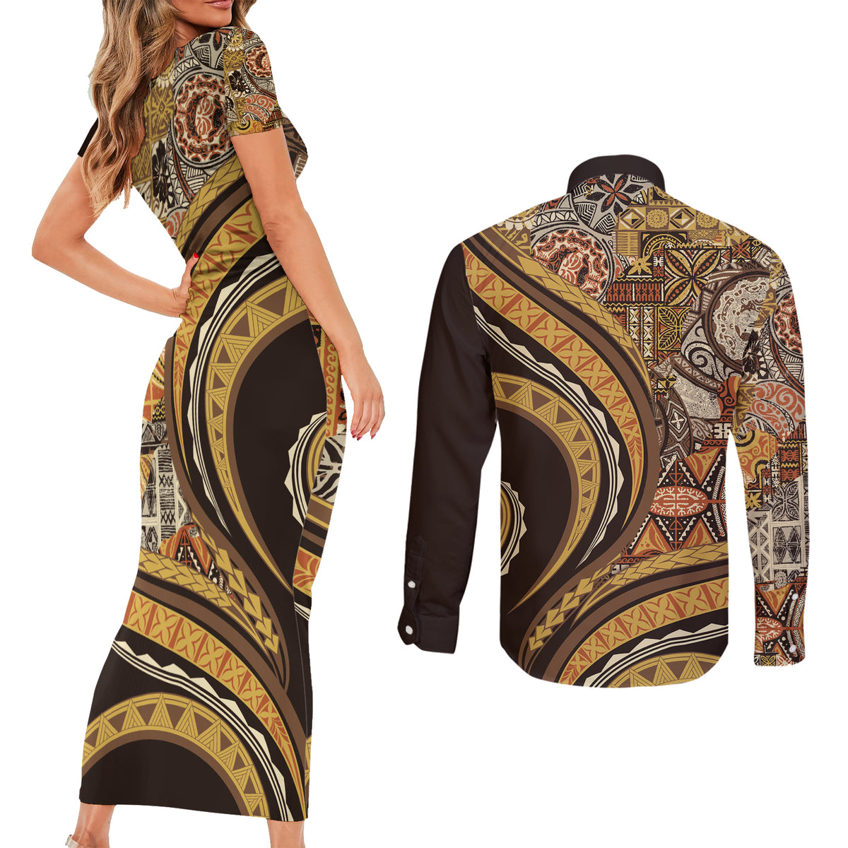Hawaiian Hibiscus Tribal Vintage Motif Couples Matching Short Sleeve Bodycon Dress and Long Sleeve Button Shirt Ver 4