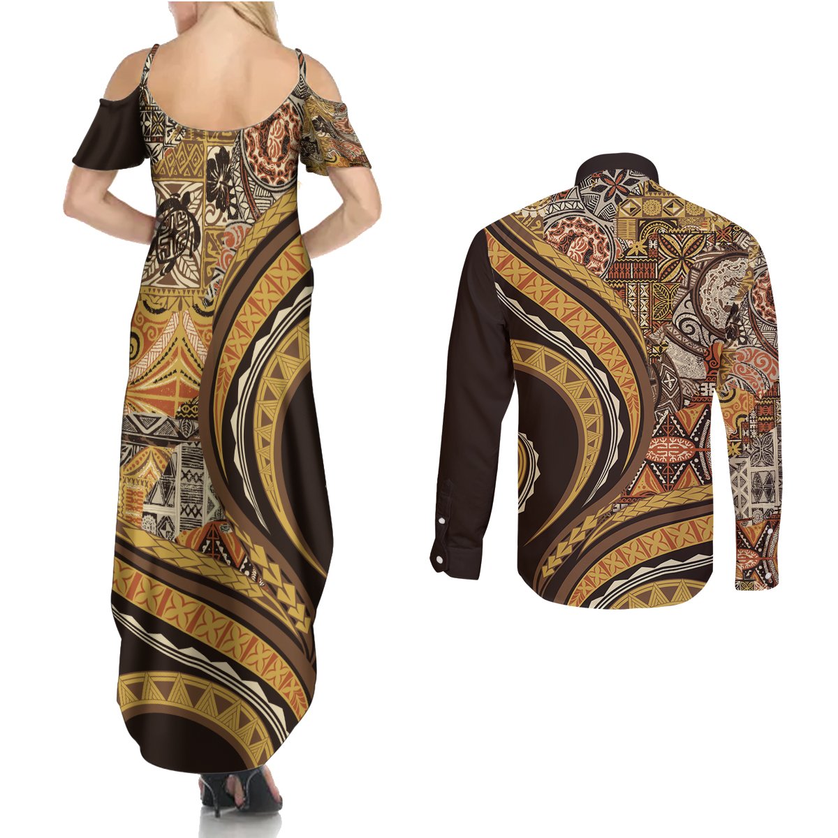 Hawaiian Hibiscus Tribal Vintage Motif Couples Matching Summer Maxi Dress and Long Sleeve Button Shirt Ver 4