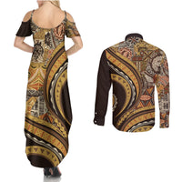 Hawaiian Hibiscus Tribal Vintage Motif Couples Matching Summer Maxi Dress and Long Sleeve Button Shirt Ver 4