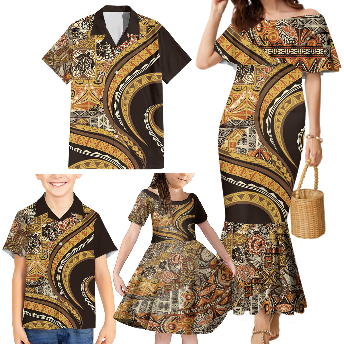 Hawaiian Hibiscus Tribal Vintage Motif Family Matching Mermaid Dress and Hawaiian Shirt Ver 4