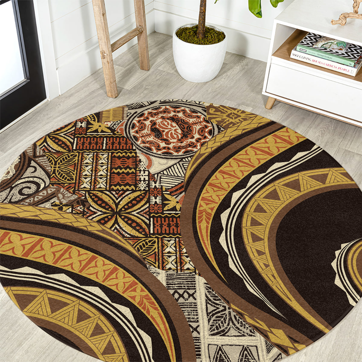 Hawaiian Hibiscus Tribal Vintage Motif Round Carpet Ver 4 LT9 Gold - Polynesian Pride
