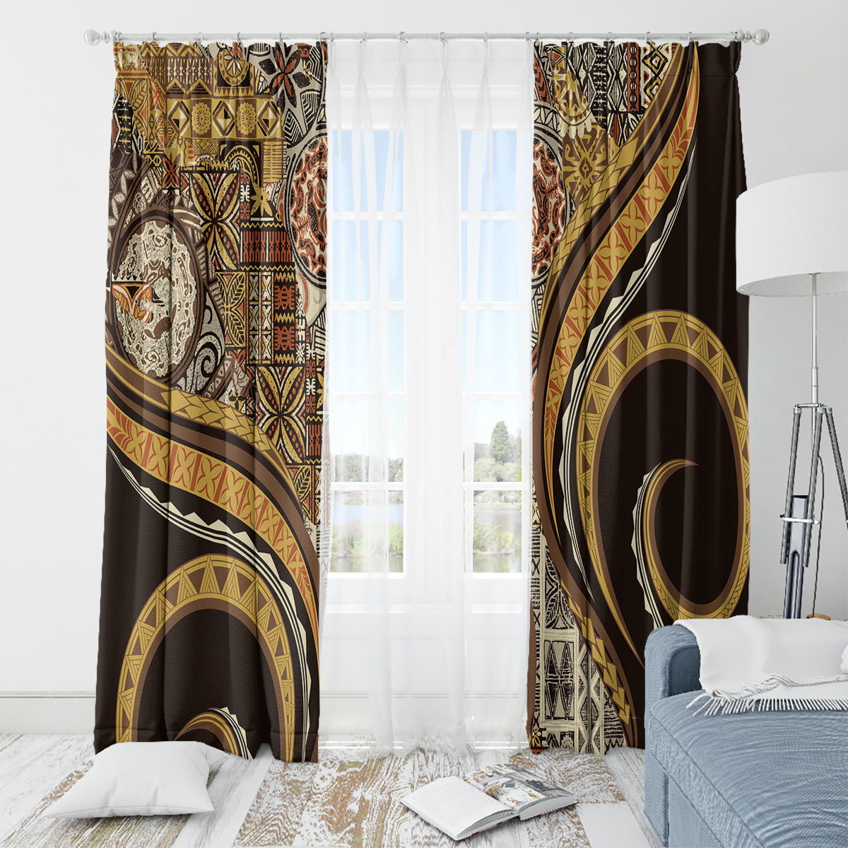 Hawaiian Hibiscus Tribal Vintage Motif Window Curtain Ver 4