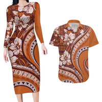 Hawaiian Hibiscus Tribal Vintage Motif Couples Matching Long Sleeve Bodycon Dress and Hawaiian Shirt Ver 5