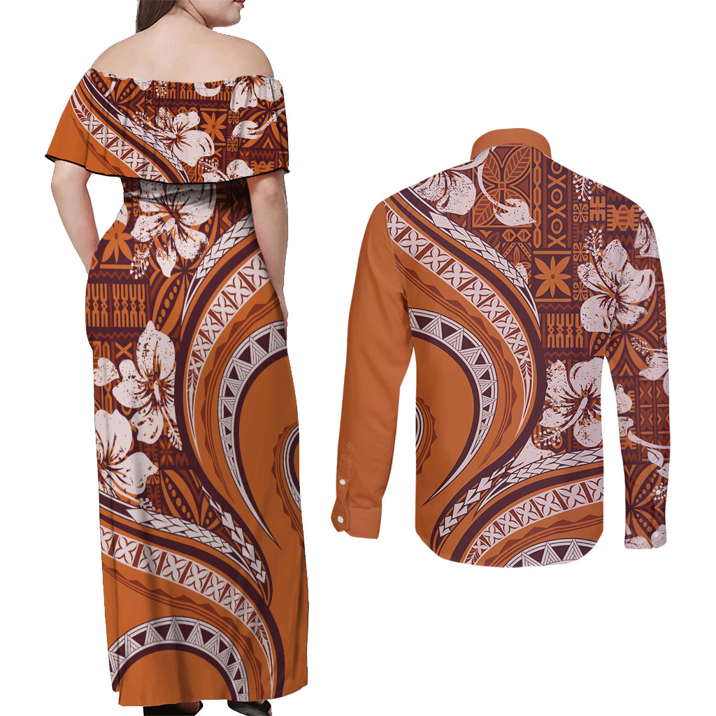 Hawaiian Hibiscus Tribal Vintage Motif Couples Matching Off Shoulder Maxi Dress and Long Sleeve Button Shirt Ver 5