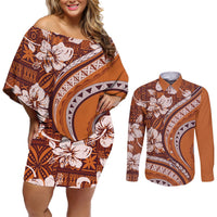 Hawaiian Hibiscus Tribal Vintage Motif Couples Matching Off Shoulder Short Dress and Long Sleeve Button Shirt Ver 5