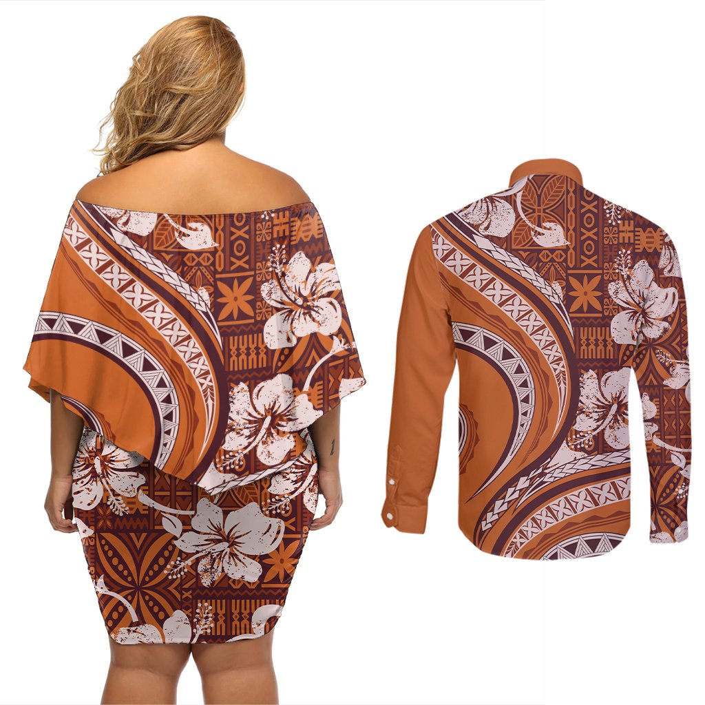 Hawaiian Hibiscus Tribal Vintage Motif Couples Matching Off Shoulder Short Dress and Long Sleeve Button Shirt Ver 5