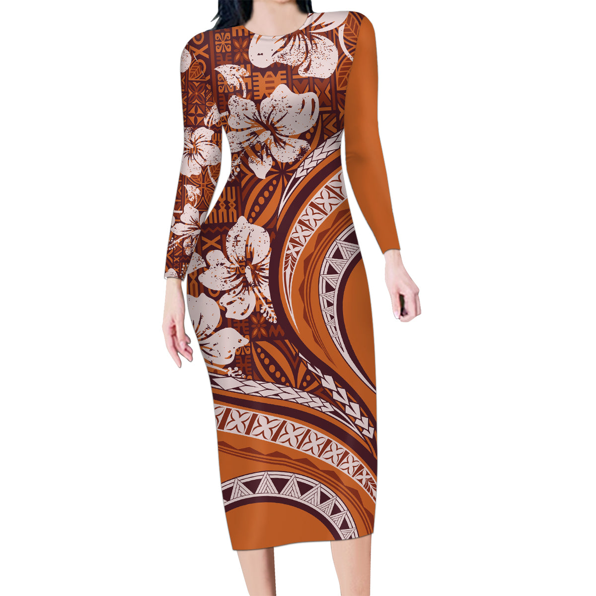 Hawaiian Hibiscus Tribal Vintage Motif Family Matching Long Sleeve Bodycon Dress and Hawaiian Shirt Ver 5