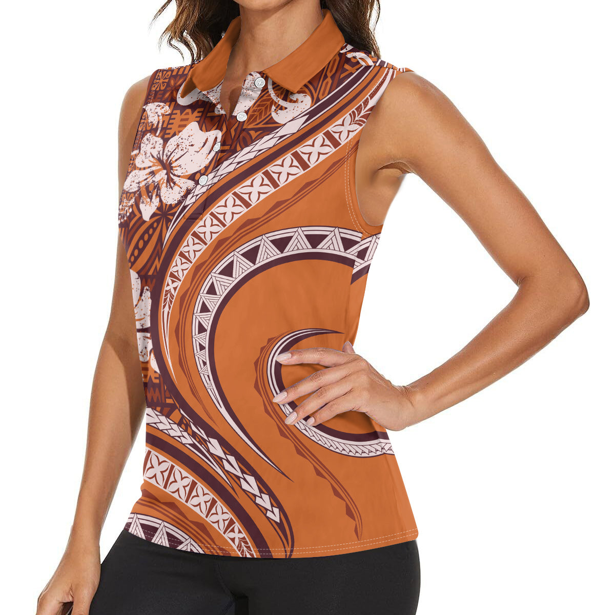 Hawaiian Hibiscus Tribal Vintage Motif Women Sleeveless Polo Shirt Ver 5