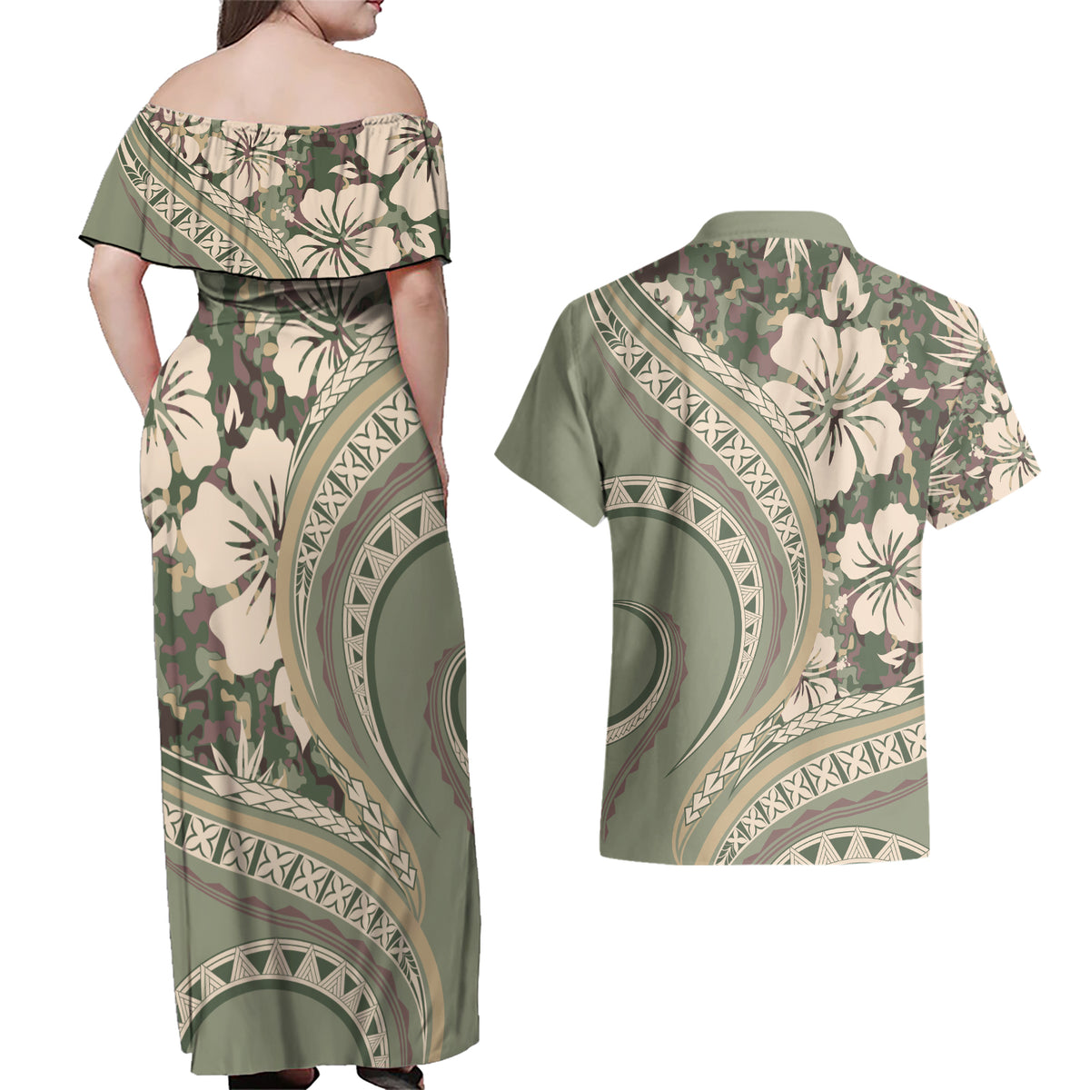 Hawaiian Hibiscus Tribal Vintage Motif Couples Matching Off Shoulder Maxi Dress and Hawaiian Shirt Ver 6
