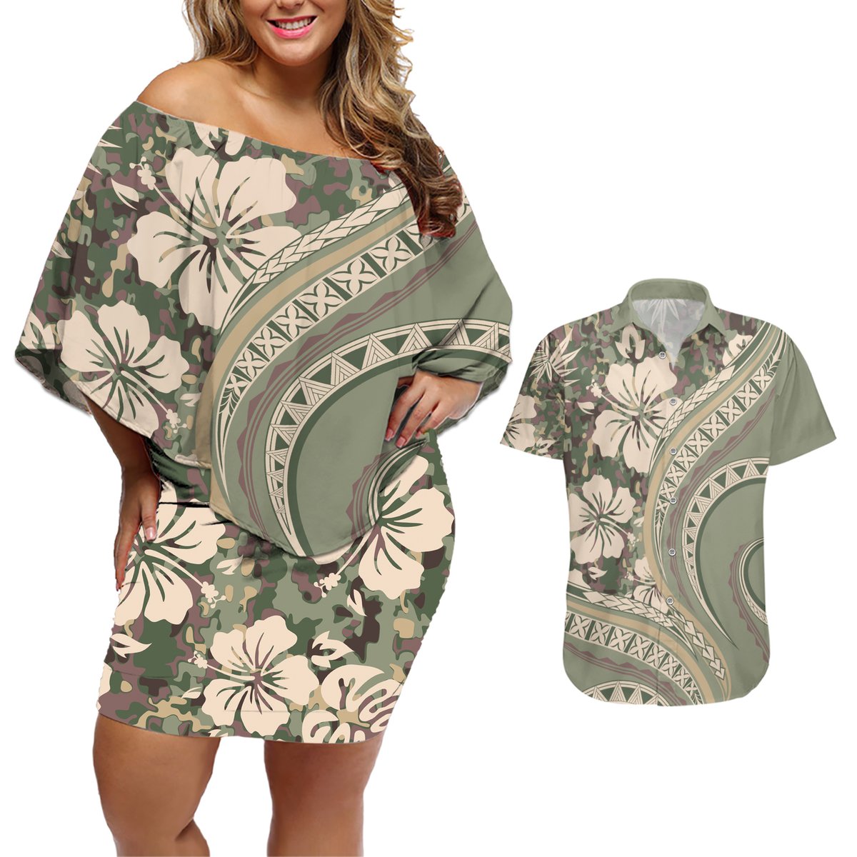 Hawaiian Hibiscus Tribal Vintage Motif Couples Matching Off Shoulder Short Dress and Hawaiian Shirt Ver 6
