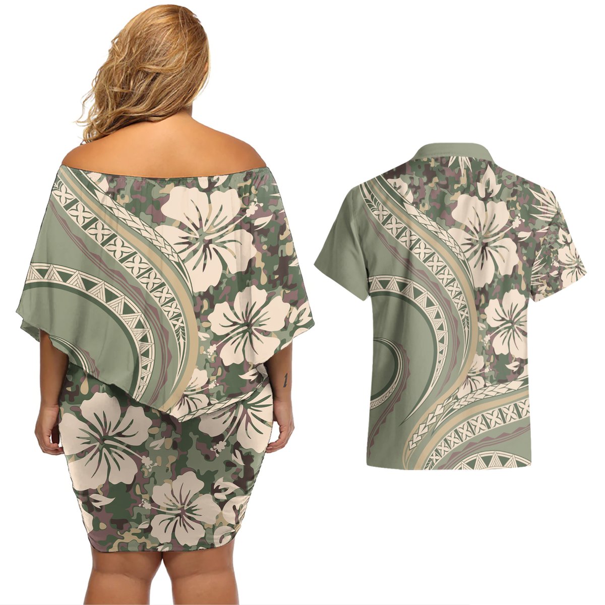 Hawaiian Hibiscus Tribal Vintage Motif Couples Matching Off Shoulder Short Dress and Hawaiian Shirt Ver 6