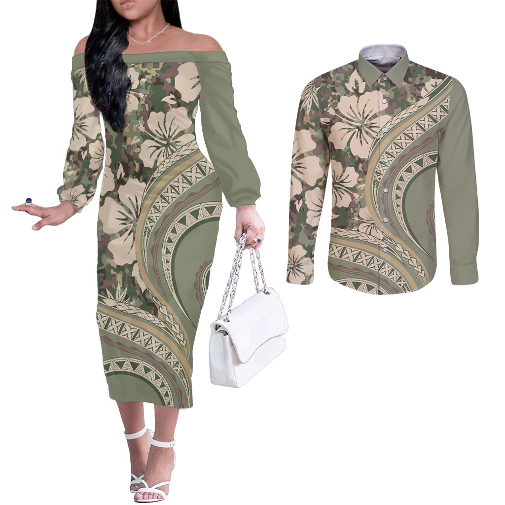 Hawaiian Hibiscus Tribal Vintage Motif Couples Matching Off The Shoulder Long Sleeve Dress and Long Sleeve Button Shirt Ver 6 LT9 Green Pastel - Polynesian Pride