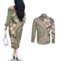 Hawaiian Hibiscus Tribal Vintage Motif Couples Matching Off The Shoulder Long Sleeve Dress and Long Sleeve Button Shirt Ver 6 LT9 - Polynesian Pride