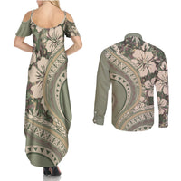Hawaiian Hibiscus Tribal Vintage Motif Couples Matching Summer Maxi Dress and Long Sleeve Button Shirt Ver 6
