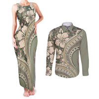 Hawaiian Hibiscus Tribal Vintage Motif Couples Matching Tank Maxi Dress and Long Sleeve Button Shirt Ver 6