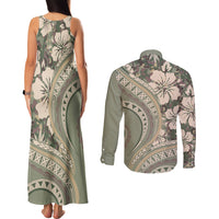 Hawaiian Hibiscus Tribal Vintage Motif Couples Matching Tank Maxi Dress and Long Sleeve Button Shirt Ver 6