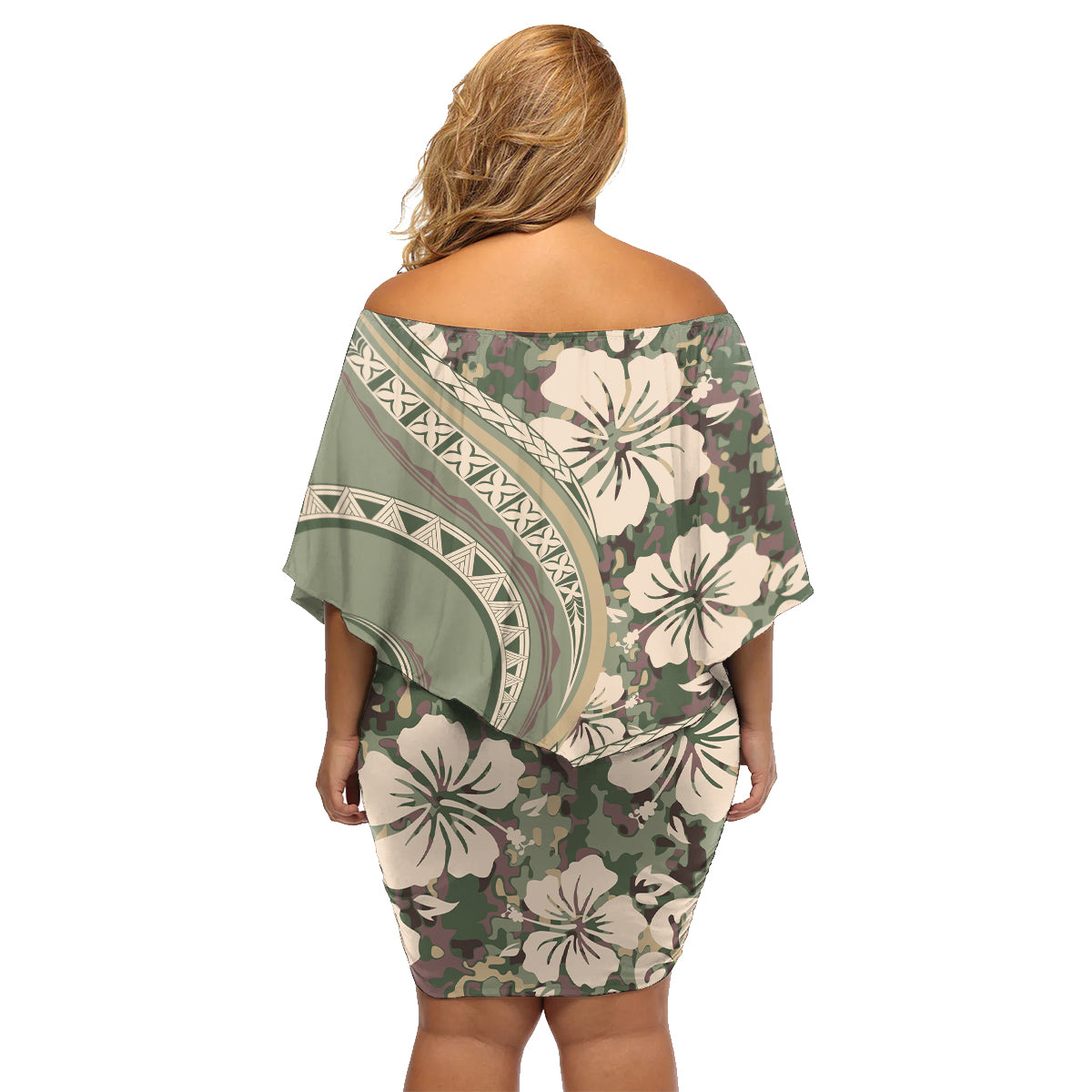 Hawaiian Hibiscus Tribal Vintage Motif Family Matching Off Shoulder Short Dress and Hawaiian Shirt Ver 6
