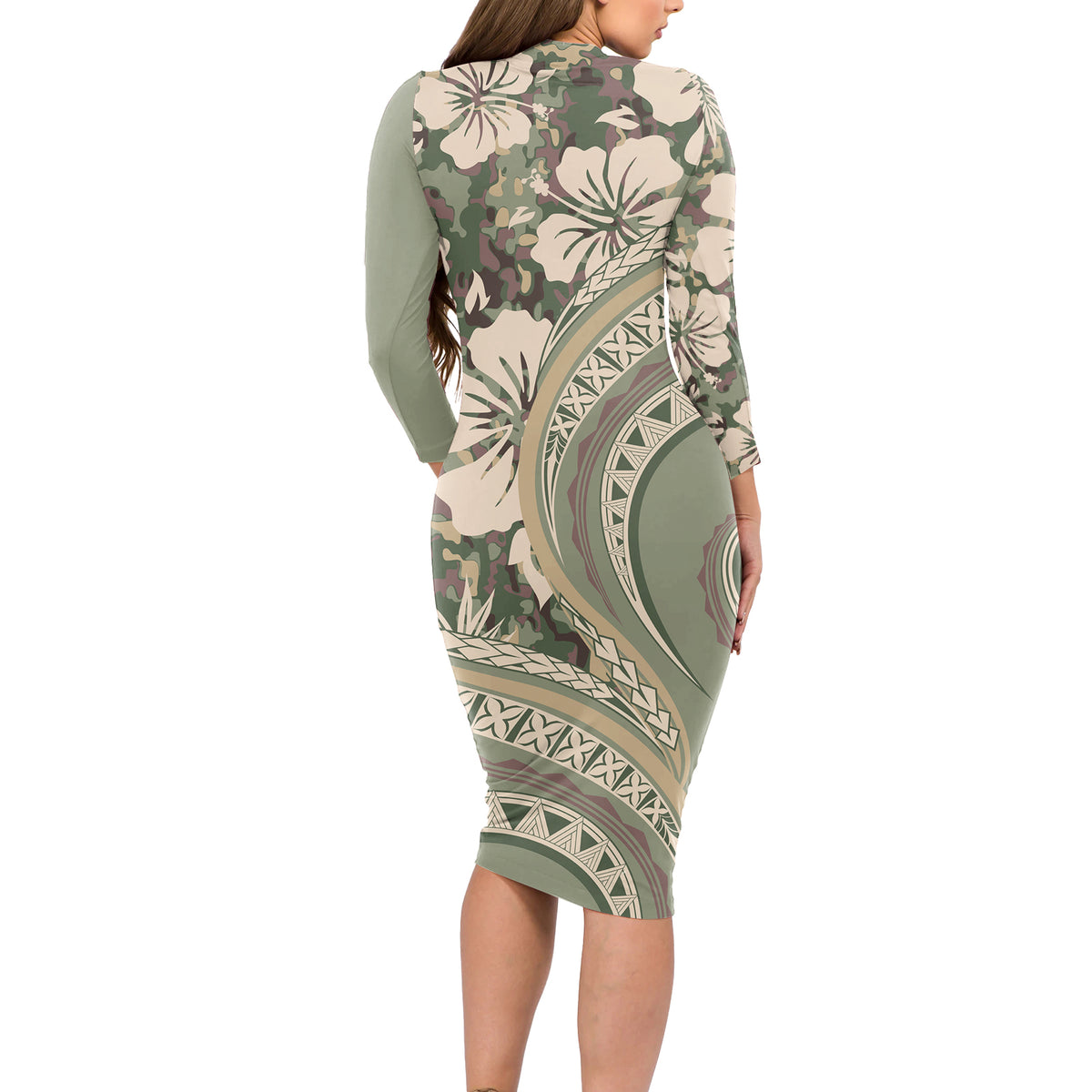 Hawaiian Hibiscus Tribal Vintage Motif Long Sleeve Bodycon Dress Ver 6