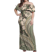 Hawaiian Hibiscus Tribal Vintage Motif Off Shoulder Maxi Dress Ver 6 LT9 Women Green Pastel - Polynesian Pride