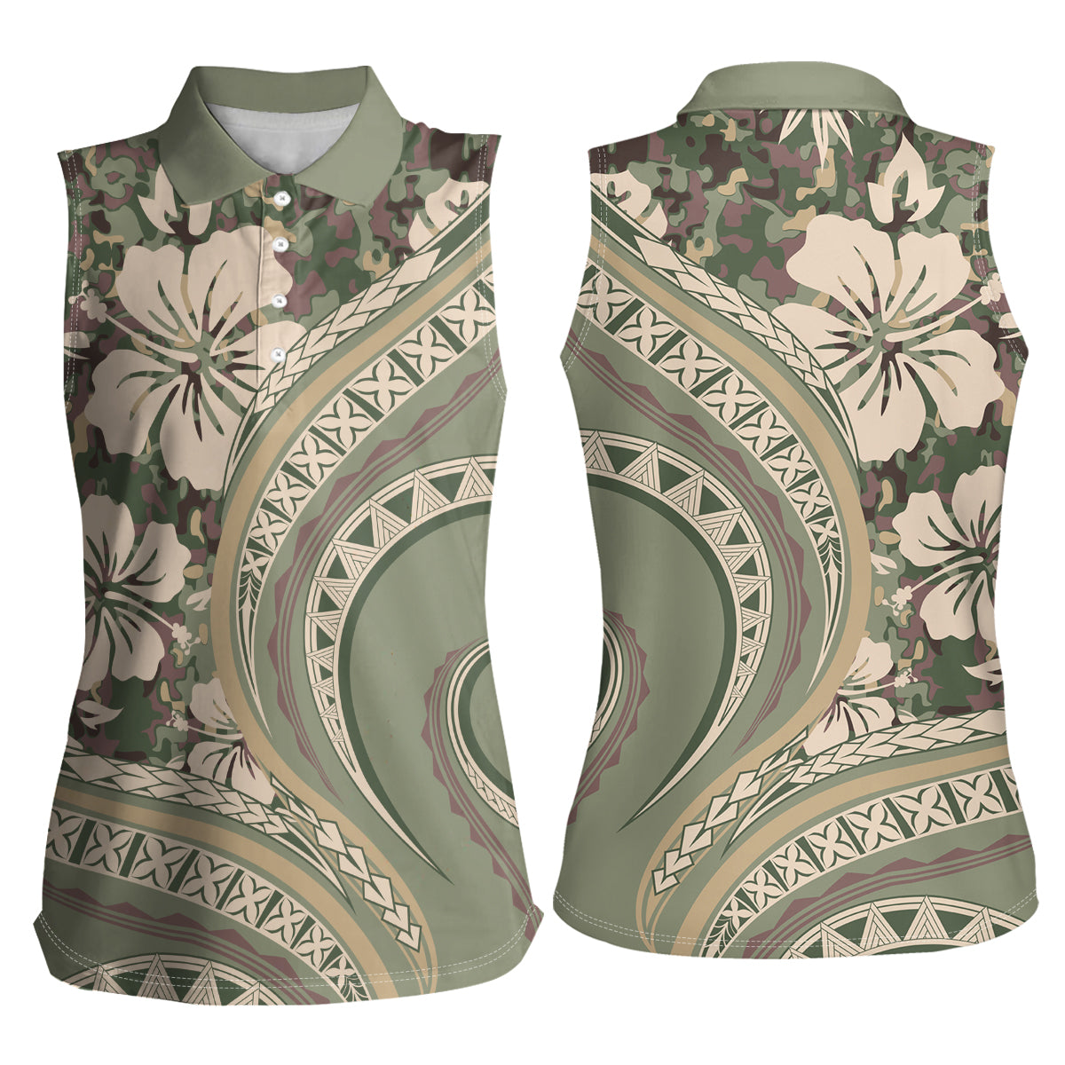 Hawaiian Hibiscus Tribal Vintage Motif Women Sleeveless Polo Shirt Ver 6