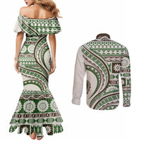 Hawaiian Hibiscus Tribal Vintage Motif Couples Matching Mermaid Dress and Long Sleeve Button Shirt Ver 7