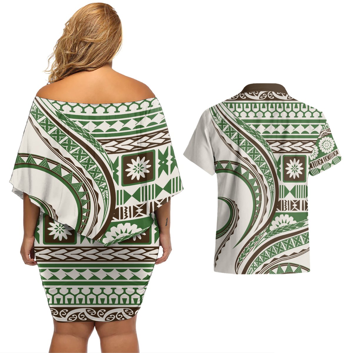 Hawaiian Hibiscus Tribal Vintage Motif Couples Matching Off Shoulder Short Dress and Hawaiian Shirt Ver 7
