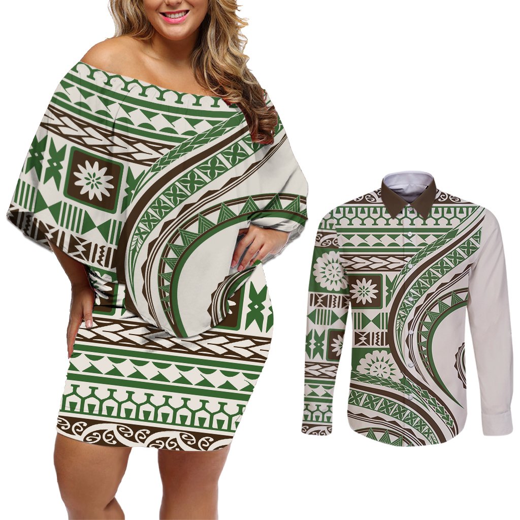 Hawaiian Hibiscus Tribal Vintage Motif Couples Matching Off Shoulder Short Dress and Long Sleeve Button Shirt Ver 7