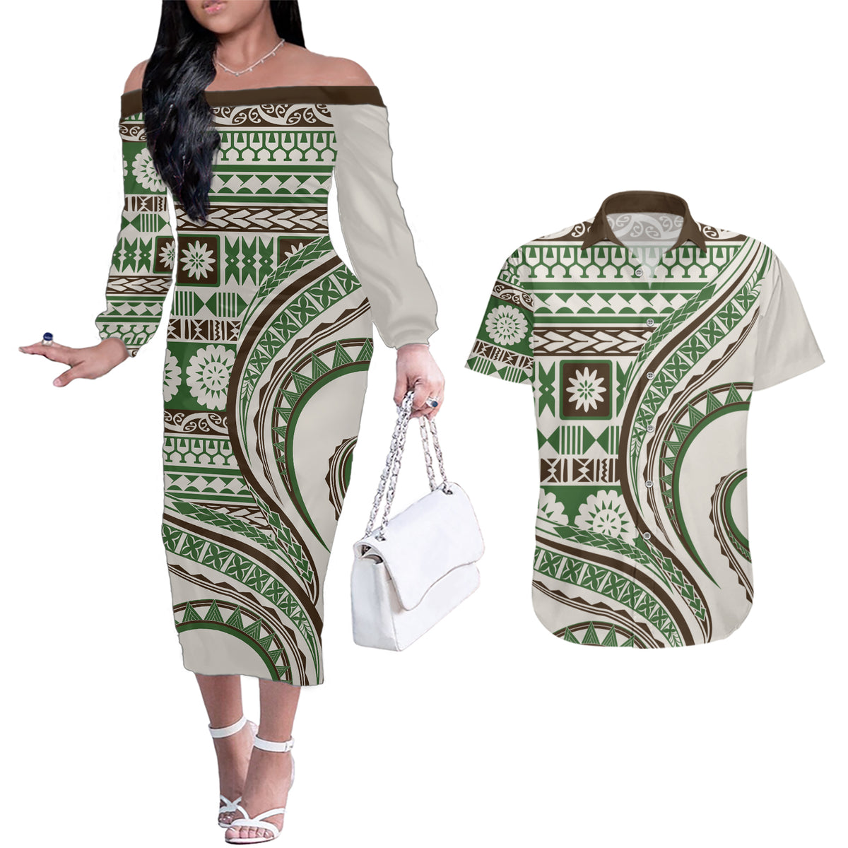 Hawaiian Hibiscus Tribal Vintage Motif Couples Matching Off The Shoulder Long Sleeve Dress and Hawaiian Shirt Ver 7