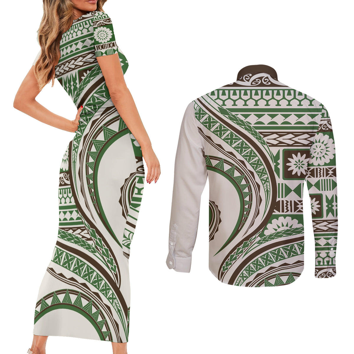 Hawaiian Hibiscus Tribal Vintage Motif Couples Matching Short Sleeve Bodycon Dress and Long Sleeve Button Shirt Ver 7