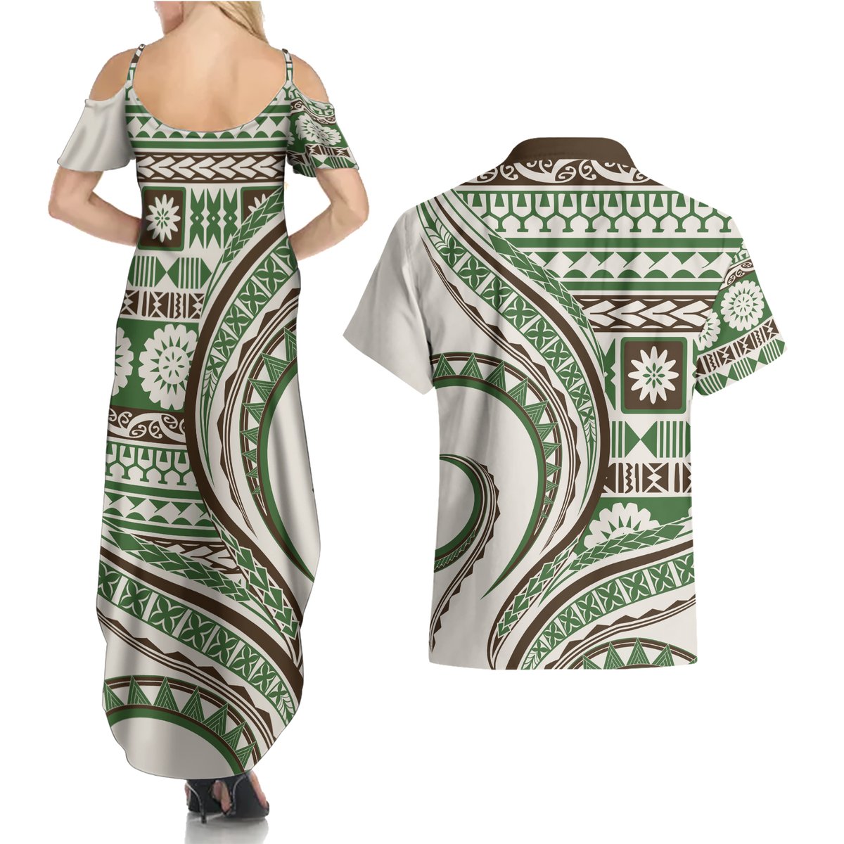 Hawaiian Hibiscus Tribal Vintage Motif Couples Matching Summer Maxi Dress and Hawaiian Shirt Ver 7