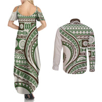 Hawaiian Hibiscus Tribal Vintage Motif Couples Matching Summer Maxi Dress and Long Sleeve Button Shirt Ver 7