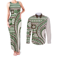 Hawaiian Hibiscus Tribal Vintage Motif Couples Matching Tank Maxi Dress and Long Sleeve Button Shirt Ver 7