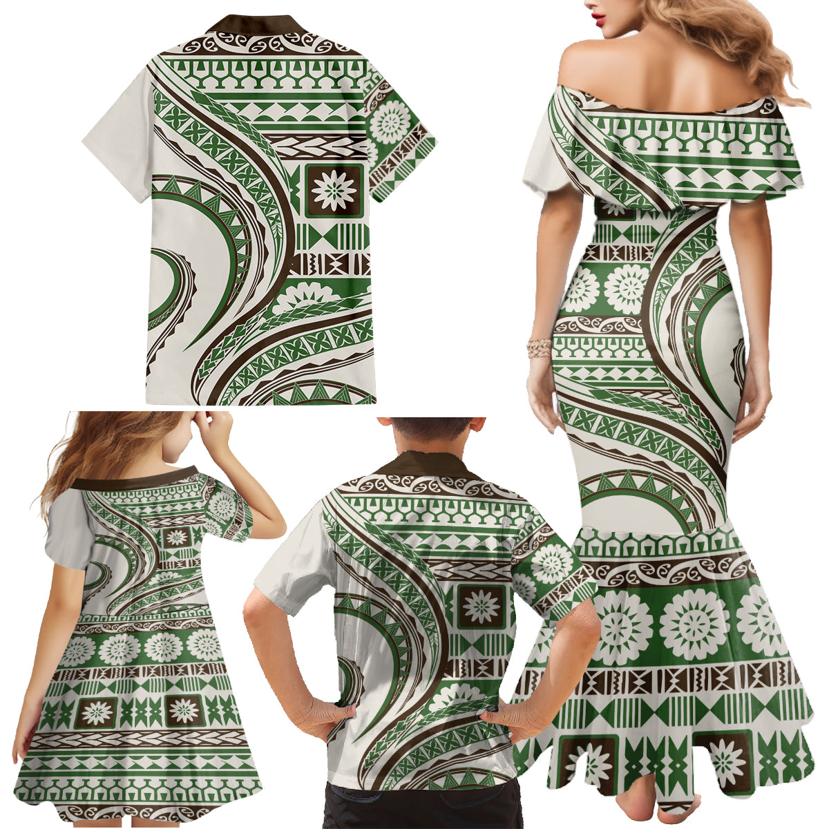 Hawaiian Hibiscus Tribal Vintage Motif Family Matching Mermaid Dress and Hawaiian Shirt Ver 7