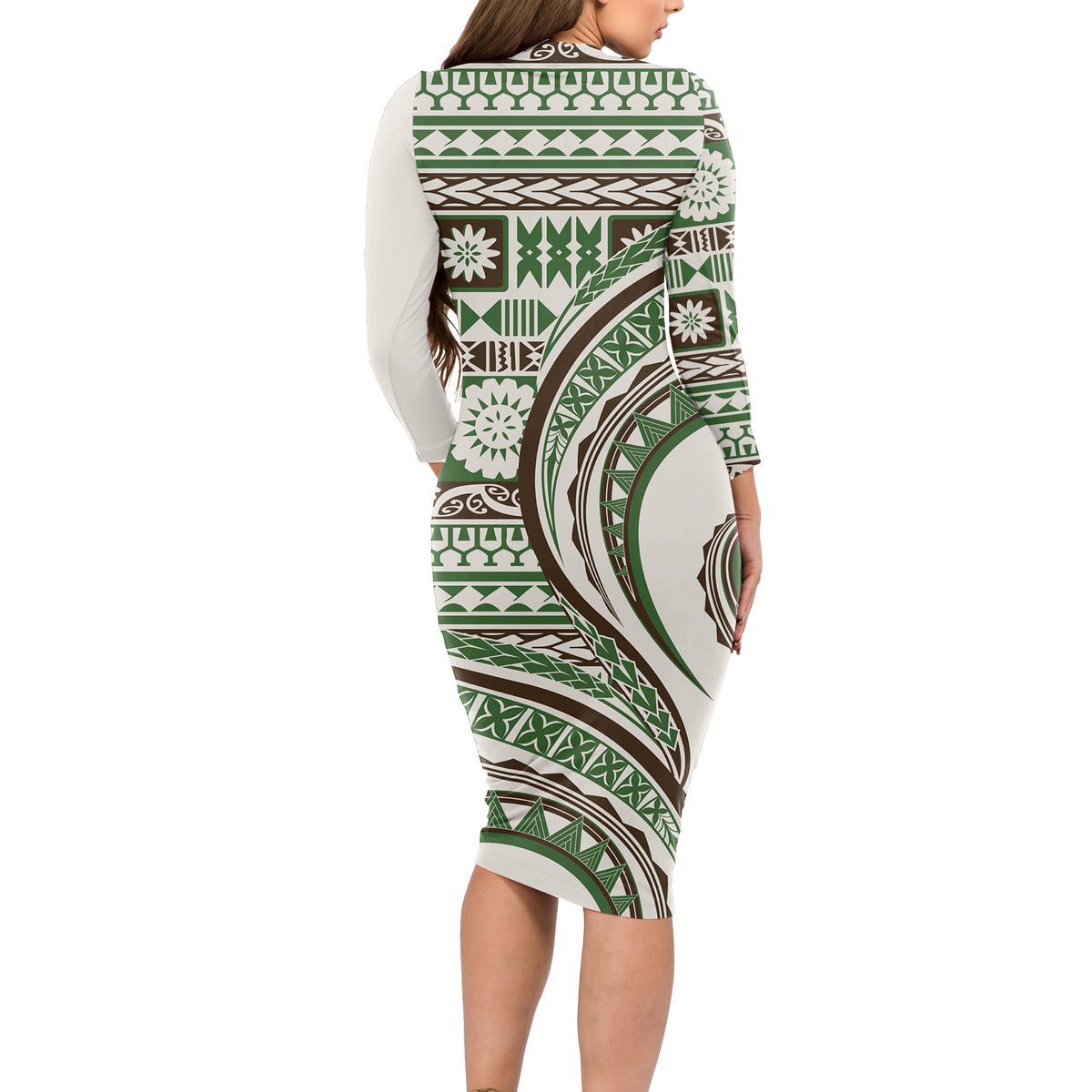 Hawaiian Hibiscus Tribal Vintage Motif Long Sleeve Bodycon Dress Ver 7