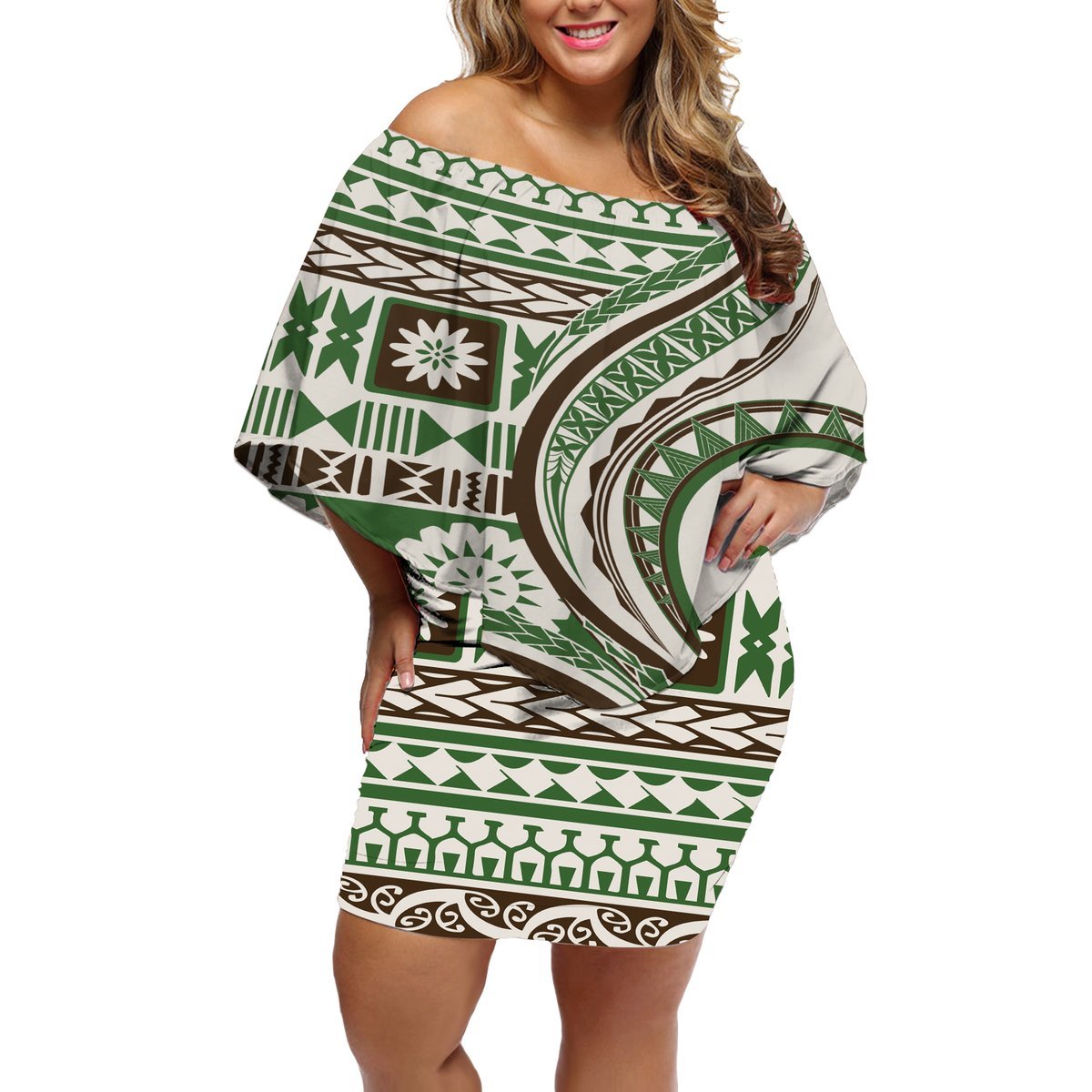 Hawaiian Hibiscus Tribal Vintage Motif Off Shoulder Short Dress Ver 7 LT9 Women Green - Polynesian Pride