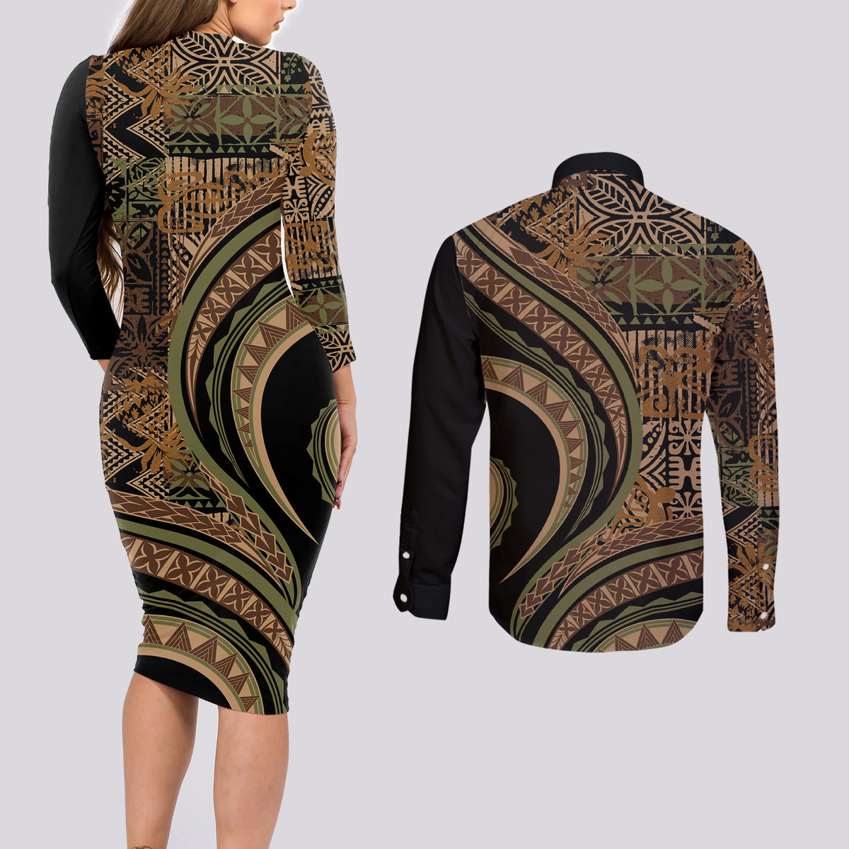 Hawaiian Hibiscus Tribal Vintage Motif Couples Matching Long Sleeve Bodycon Dress and Long Sleeve Button Shirt Ver 8