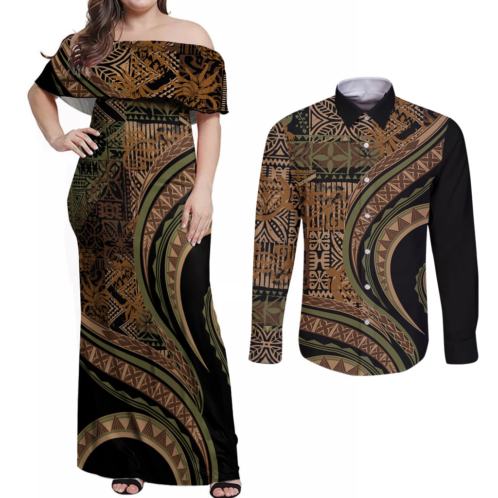 Hawaiian Hibiscus Tribal Vintage Motif Couples Matching Off Shoulder Maxi Dress and Long Sleeve Button Shirt Ver 8
