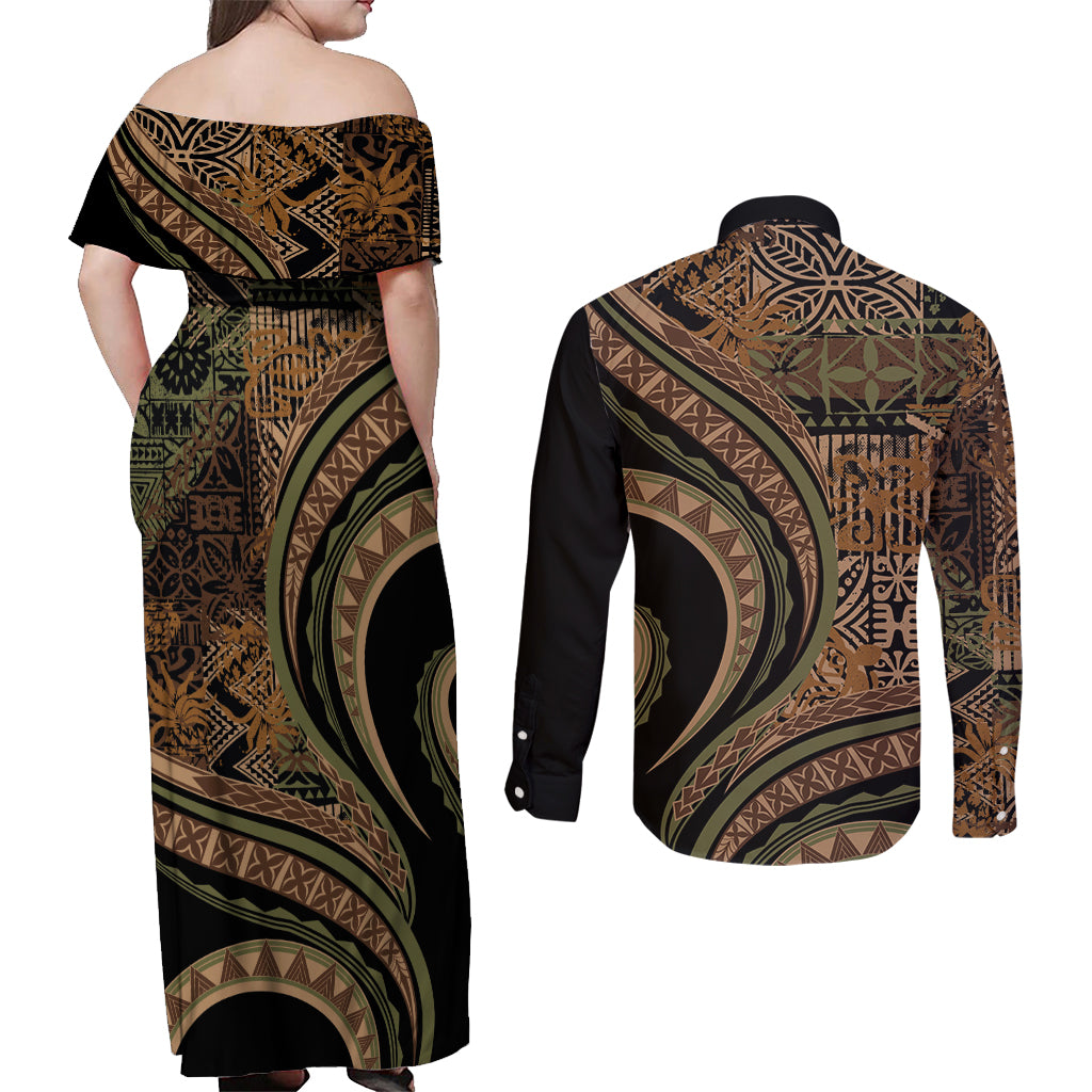 Hawaiian Hibiscus Tribal Vintage Motif Couples Matching Off Shoulder Maxi Dress and Long Sleeve Button Shirt Ver 8