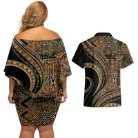 Hawaiian Hibiscus Tribal Vintage Motif Couples Matching Off Shoulder Short Dress and Hawaiian Shirt Ver 8
